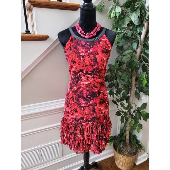 Gambatista Valli Red Floral Polyester Round Neck Sleeveless Knee Length Dress L - Picture 11 of 11
